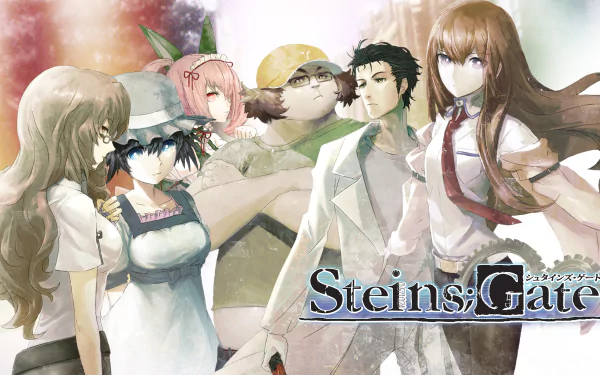 HD desktop wallpaper featuring characters Itaru Hashida, Faris Nyannyan, Moeka Kiryū, Mayuri Shiina, Kurisu Makise, and Rintaro Okabe from the anime Steins;Gate.