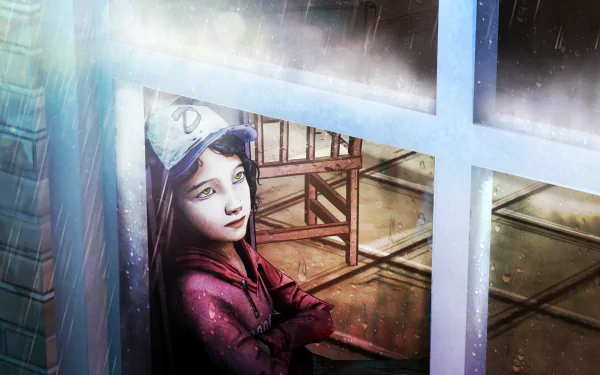 HD wallpaper featuring Clementine from The Walking Dead: Season 1 video game, leaning against a window and looking outside, with a reflective and thoughtful expression.