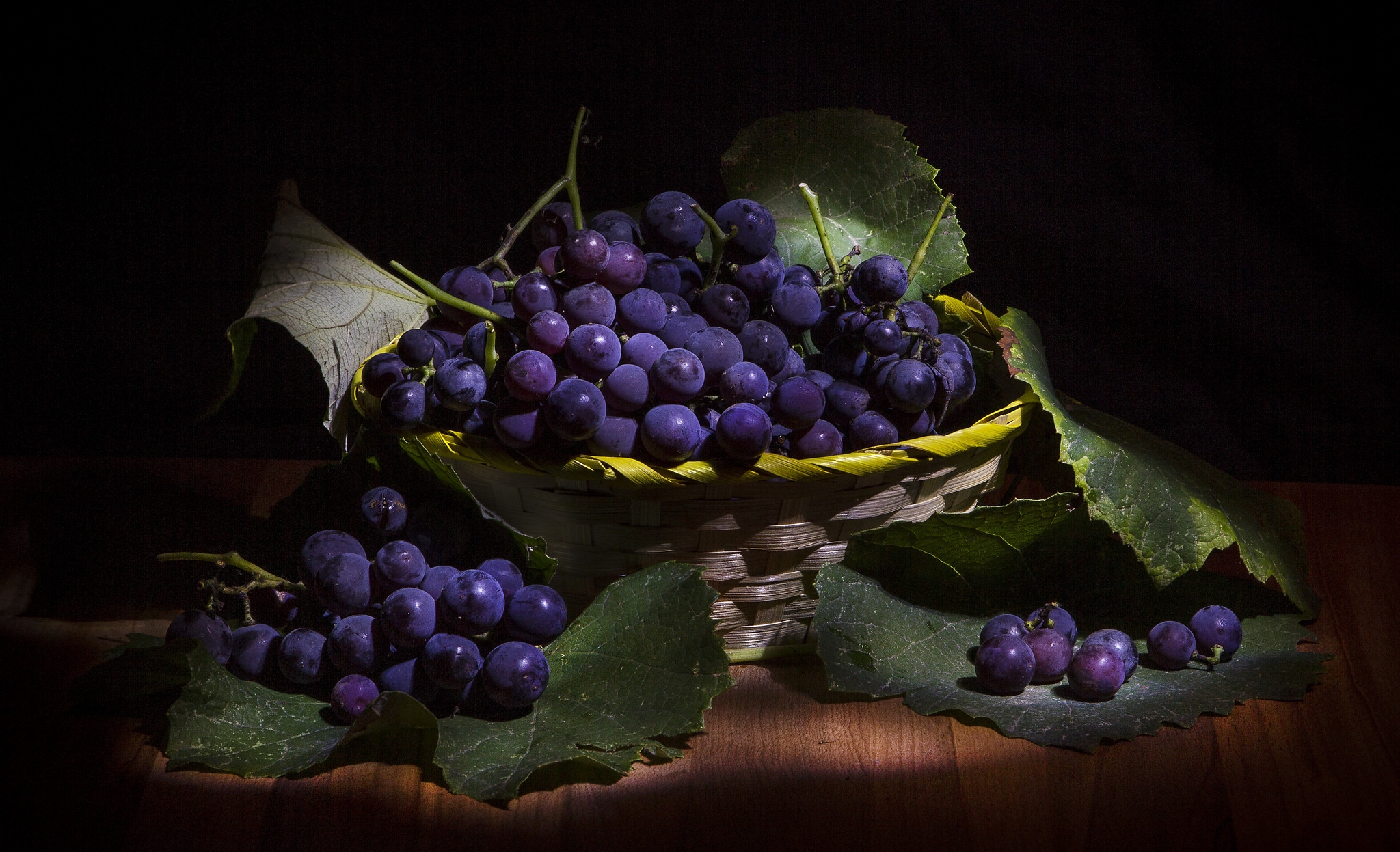 Download Purple Leaf Basket Still Life Food Grapes HD Wallpaper