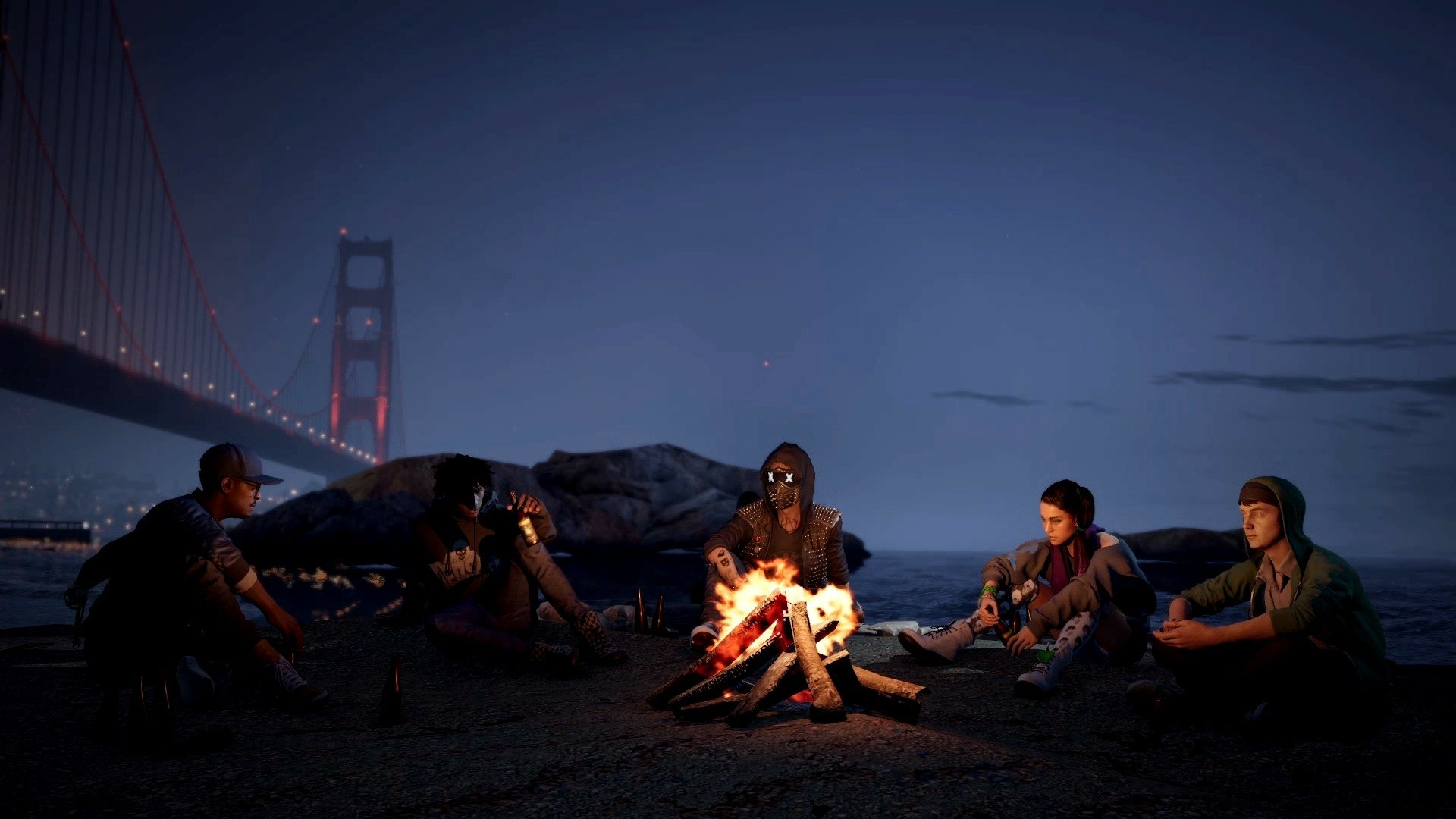 HD wallpaper featuring characters from Watch Dogs 2 gathered around a bonfire with the Golden Gate Bridge in the background at night.