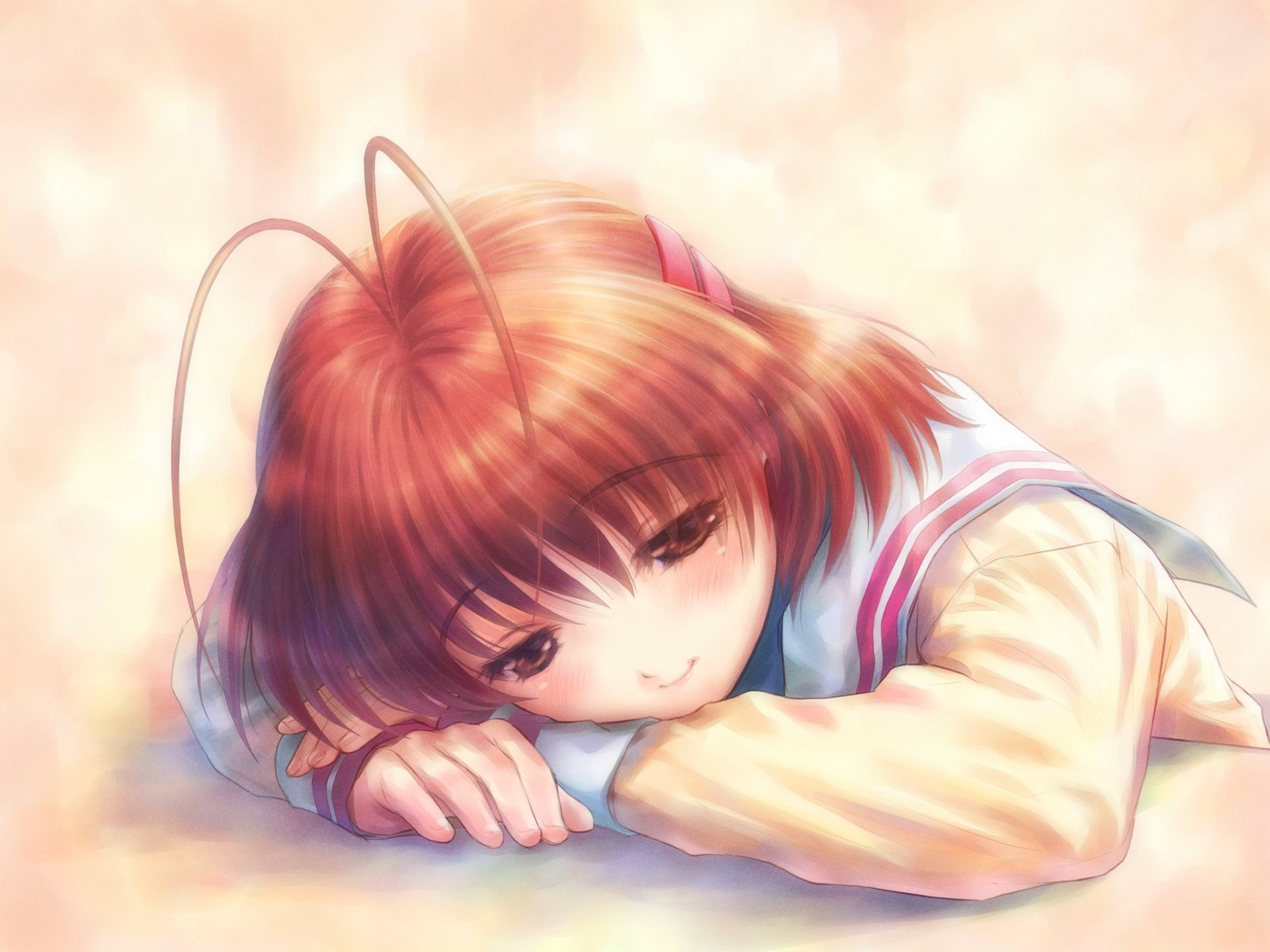 HD anime desktop wallpaper of Nagisa Furukawa from Clannad, featuring soft lighting and a contemplative expression.