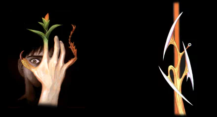 HD wallpaper featuring characters Migi and Shinichi Izumi from the anime Parasyte -the Maxim-. Animated art with a dark background, highlighting a unique transformation scene.