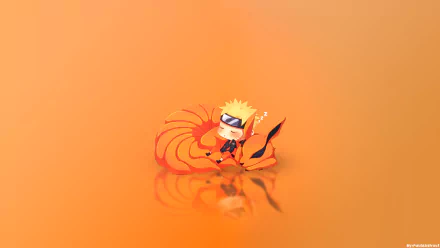 HD desktop wallpaper featuring chibi versions of Kurama and Naruto from the anime series Naruto, set against an orange background.