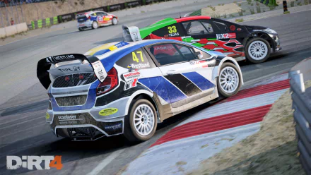 HD desktop wallpaper from Dirt 4 featuring rally cars racing on a dirt track.