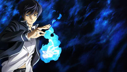 Anime character Rei Ogami from Codebreaker conjures a blue flame, set against a dark, swirling background in this HD PC desktop wallpaper.