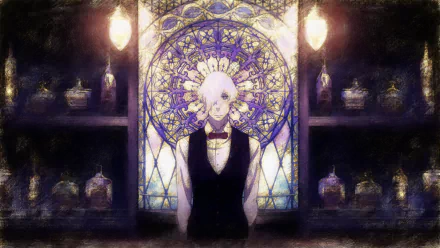 Anime-style HD desktop wallpaper featuring Decim from Death Parade with white hair and blue eyes, standing behind a bar holding a bottle, set against a stained glass background.