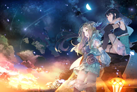 8K Ultra HD PC desktop wallpaper of Atelier Iris anime heroines Liane Mistlud and Firis Mistlud beneath a starry sky, lantern glow and sweeping, colorful dusk clouds.