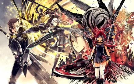 God Eater anime 2K Quad HD PC wallpaper: red‑haired warrior holding a massive weapon in front, allies and a towering Aragami amid shattered, fiery battle energy.