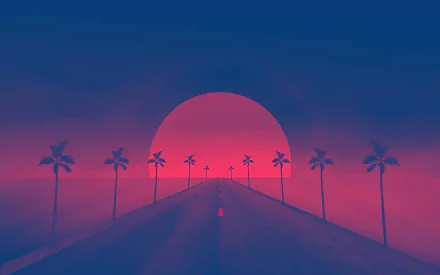 HD desktop wallpaper featuring an artistic retro wave design of a road lined with palm trees, set against a vibrant pink and blue sunset backdrop.