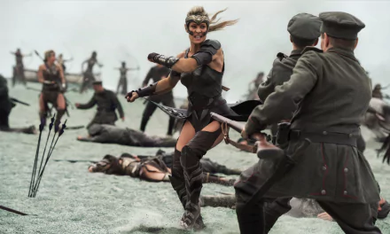 A stunning HD desktop wallpaper featuring Robin Wright as General Antiope in the movie Wonder Woman, depicted in an intense battle scene.