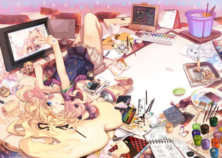 A vibrant 4K Ultra HD anime-style PC desktop wallpaper featuring SeeU from Vocaloid surrounded by art supplies and sketches in a creative workspace.
