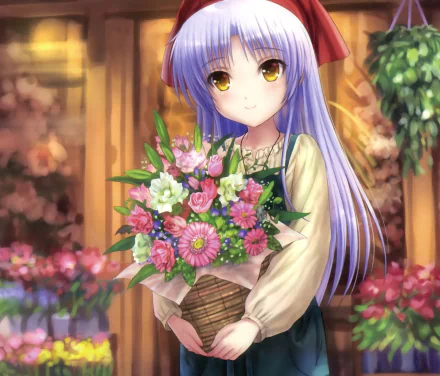 Kanade Tachibana from Angel Beats! holding a colorful bouquet of flowers, depicted in an HD anime-style desktop wallpaper background.