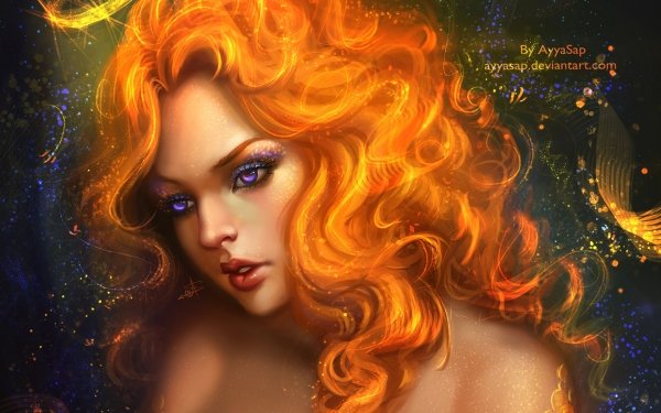 Women Artistic Fantasy Face Purple Eyes Orange Hair HD Wallpaper | Background Image