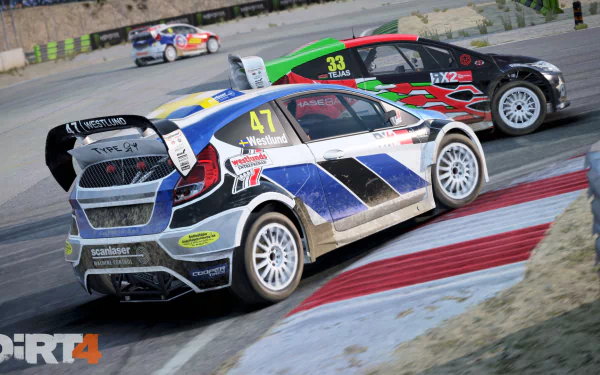 HD desktop wallpaper from Dirt 4 featuring rally cars racing on a dirt track.
