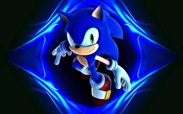 HD desktop wallpaper featuring Sonic the Hedgehog from the video game Sonic Colors, with a dynamic blue background highlighting Sonic in the center.