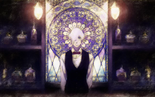 Anime-style HD desktop wallpaper featuring Decim from Death Parade with white hair and blue eyes, standing behind a bar holding a bottle, set against a stained glass background.