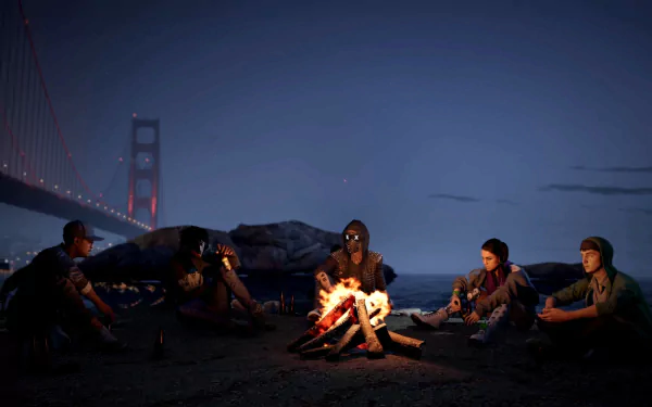 HD wallpaper featuring characters from Watch Dogs 2 gathered around a bonfire with the Golden Gate Bridge in the background at night.