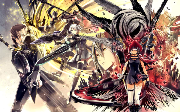 God Eater anime 2K Quad HD PC wallpaper: red‑haired warrior holding a massive weapon in front, allies and a towering Aragami amid shattered, fiery battle energy.
