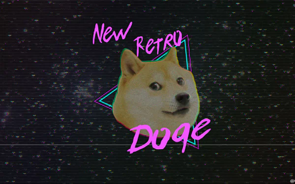 HD desktop wallpaper featuring a Doge meme with text New Retro Doge in vibrant pink and purple, set against an artistic retro wave background with a starry night sky effect.