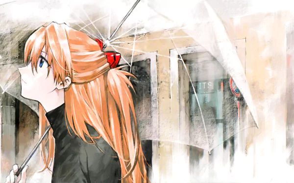 Asuka Langley Sohryu from Neon Genesis Evangelion in an artistic 4K Ultra HD anime desktop wallpaper, featuring soft colors and a reflective expression.