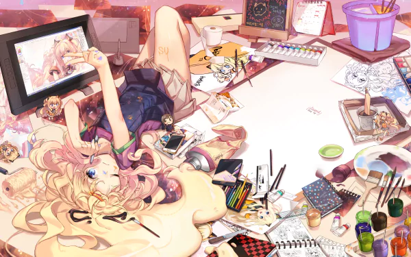 A vibrant 4K Ultra HD anime-style PC desktop wallpaper featuring SeeU from Vocaloid surrounded by art supplies and sketches in a creative workspace.