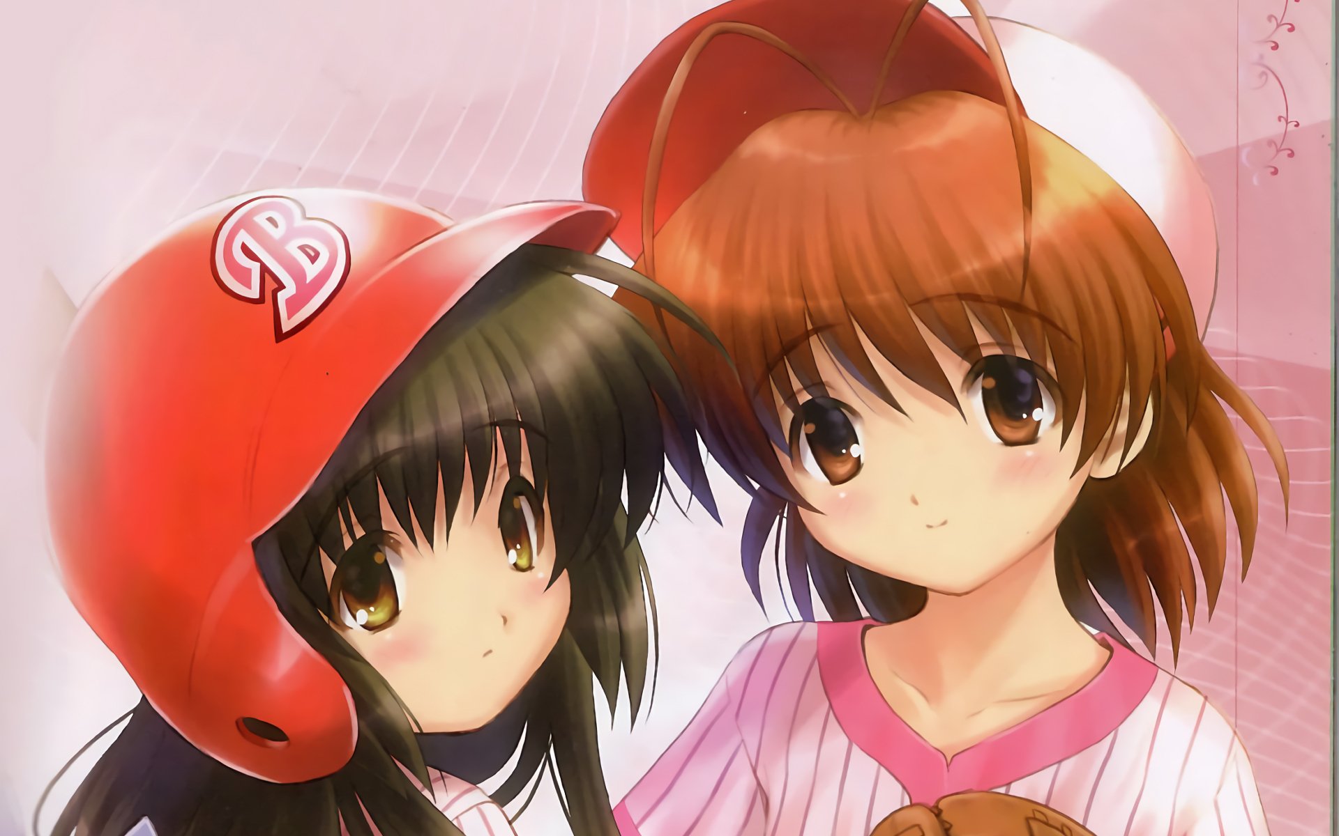 Anime, Clannad HD PC Desktop Wallpaper and Background: two girls in baseball jerseys—one with a red helmet, the other holding a mitt—soft pink backdrop, warm close-up.