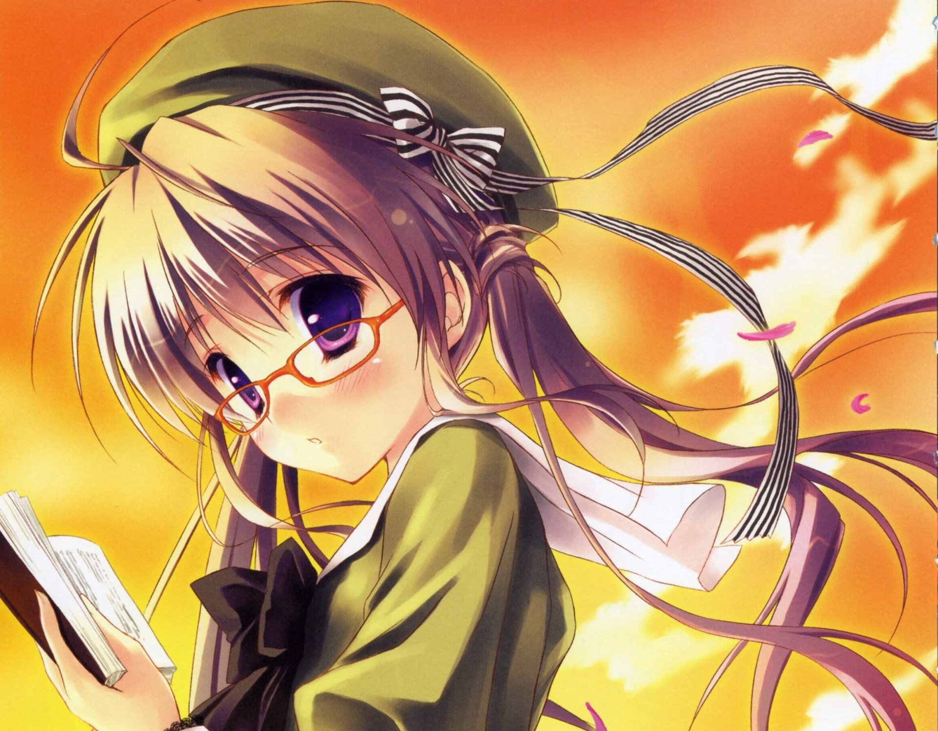 Download Twintails Petal Purple Eyes Hat Glasses Anime Original HD Wallpaper by ryohka