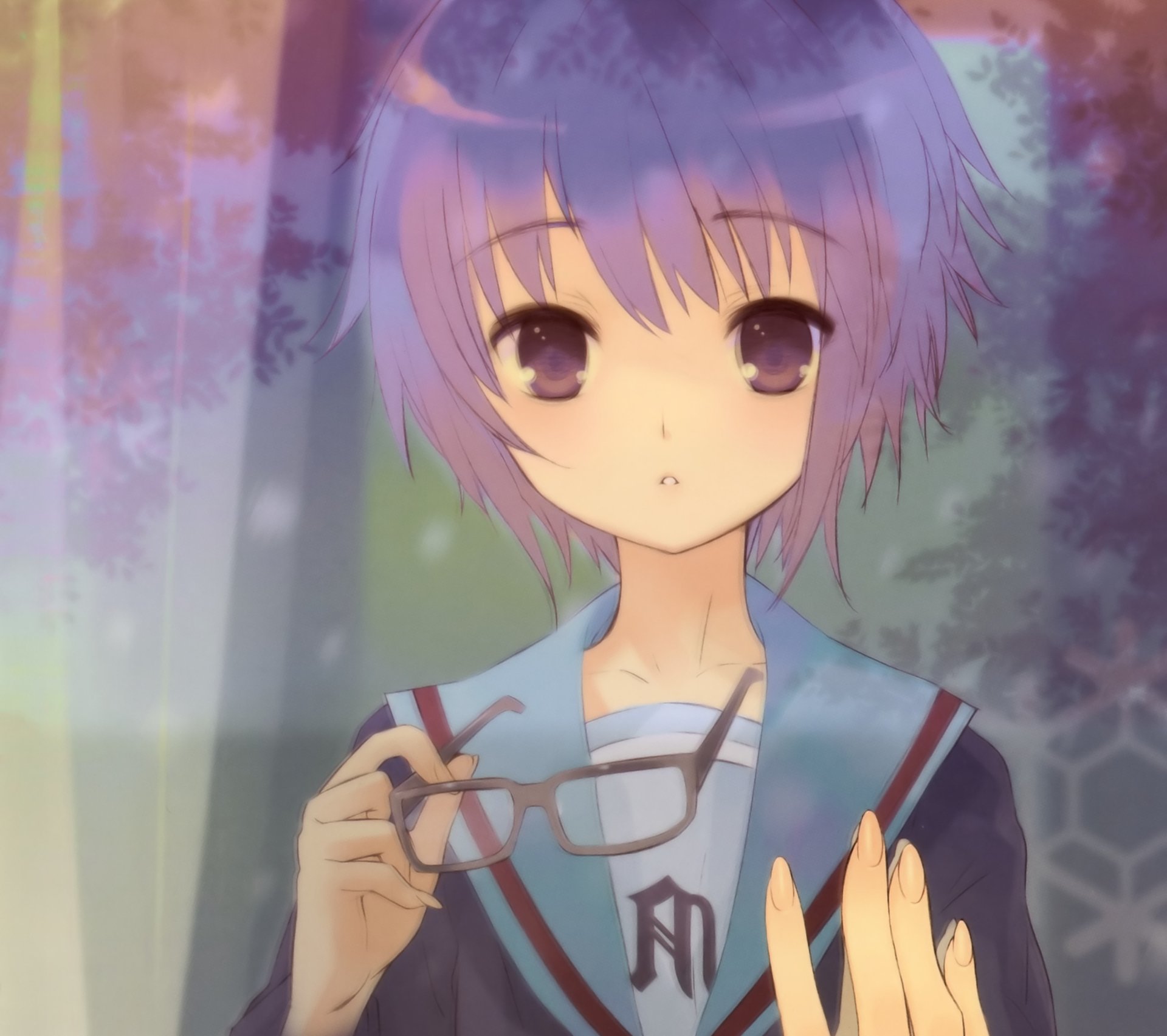 Yuki Nagato from The Melancholy of Haruhi Suzumiya: soft-lit portrait in school uniform, short purple hair holding glasses — 4K Ultra HD PC desktop wallpaper.