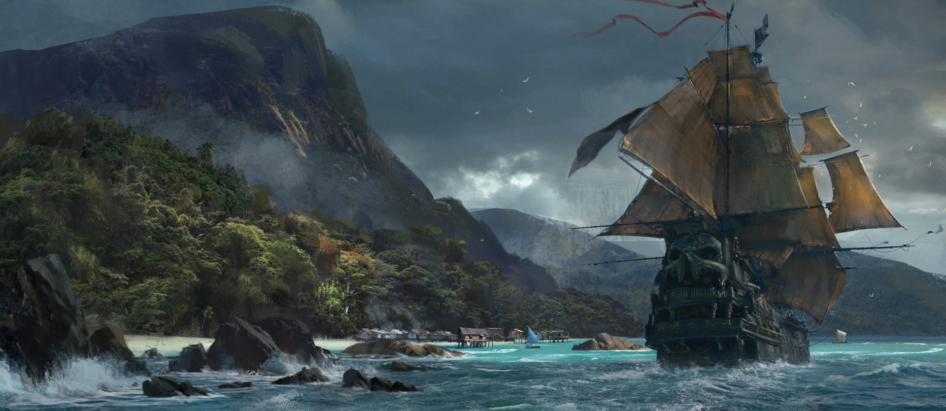 HD PC desktop wallpaper depicting a pirate ship sailing near a rocky, forested coastline under stormy skies from the video game Skull and Bones.