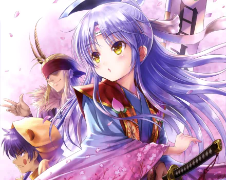 HD anime desktop wallpaper featuring vibrant characters from Angel Beats! with detailed costumes and expressive faces against a soft, pastel background.