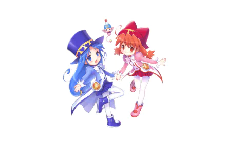 HD PC desktop wallpaper — Fushigiboshi no Futagohime anime: two magical princesses in blue and pink outfits holding hands against a white background.