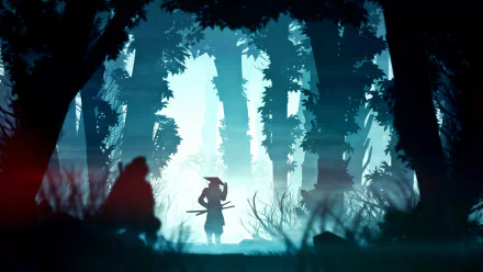 A silhouetted fantasy warrior stands poised in a foggy, mystical forest, evoking a samurai aesthetic. This HD desktop wallpaper captures the ethereal, serene atmosphere of the scene.