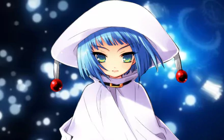 Hecate (Shakugan no Shana) — blue-haired anime girl in a white hooded cloak with red bells, glowing blue bokeh background — 2K Quad HD PC desktop wallpaper.