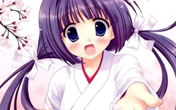 cherry blossom blue eyes purple hair miko outfit Anime Original HD Desktop Wallpaper | Background Image