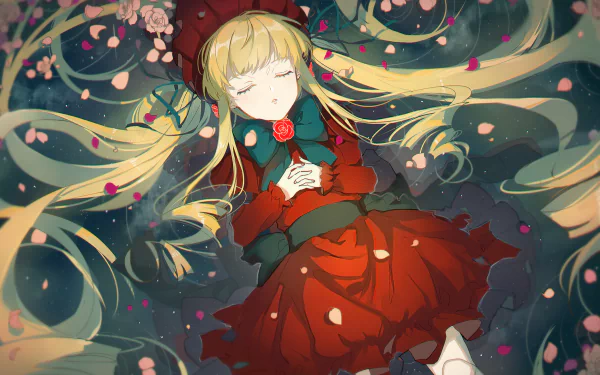 HD PC desktop wallpaper of Shinku (Rozen Maiden): anime image of the doll in a red Victorian dress, eyes closed, long blonde twintails, surrounded by falling rose petals on a dark ornate background.