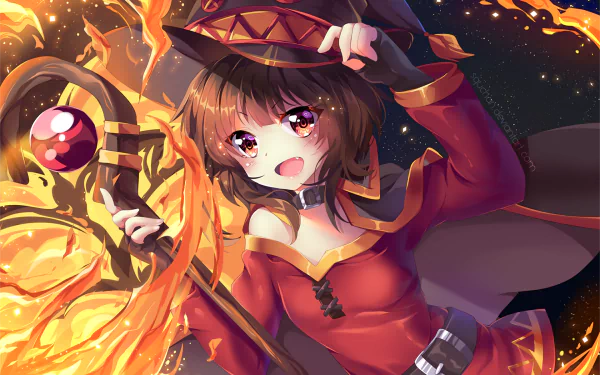 Anime character Megumin from KonoSuba: God's Blessing on This Wonderful World!! casting a fiery spell, depicted in a vibrant HD desktop wallpaper and background.