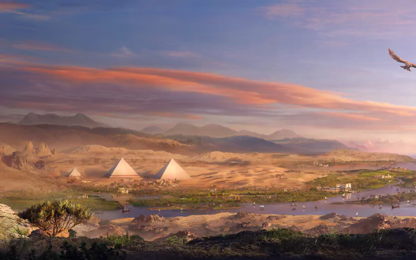 HD desktop wallpaper featuring a stunning landscape from Assassin's Creed Origins, showcasing Bayek of Siwa's world with dramatic pyramids, lush riverbanks, and a soaring eagle under a vibrant sky.