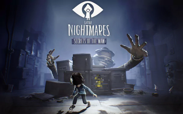 Dark, eerie creature looms over a small character in this 8K Ultra HD Little Nightmares video game wallpaper, capturing the tense atmosphere of Dark Gaming.