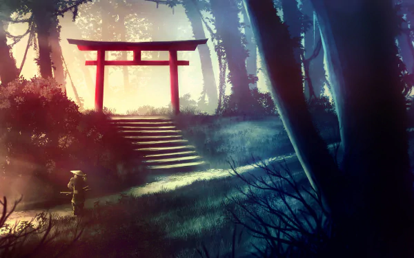 A fantasy warrior approaches a serene forest shrine illuminated by soft light, with a stone path leading through the trees. HD wallpaper.