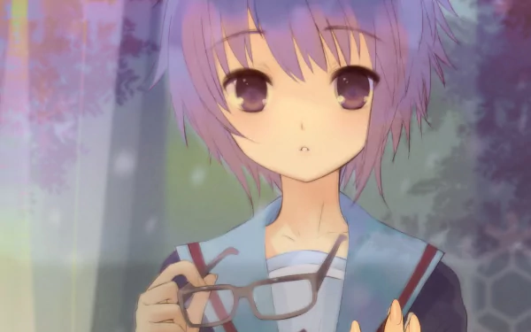 Yuki Nagato from The Melancholy of Haruhi Suzumiya: soft-lit portrait in school uniform, short purple hair holding glasses — 4K Ultra HD PC desktop wallpaper.