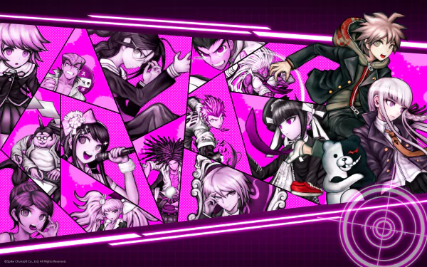 HD desktop wallpaper featuring characters from the anime Danganronpa. The dynamic design showcases various characters against a vibrant pink background, embodying the series' intense and stylish aesthetic.