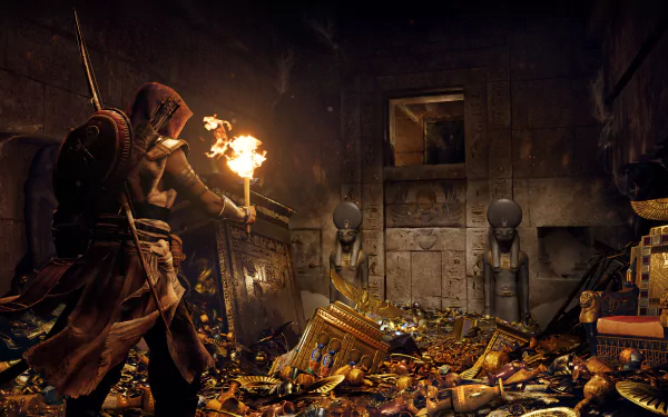 Bayek of Siwa discovers treasure in a dimly lit ancient tomb, from the video game Assassin's Creed Origins. HD desktop wallpaper and background.