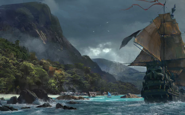 HD PC desktop wallpaper depicting a pirate ship sailing near a rocky, forested coastline under stormy skies from the video game Skull and Bones.