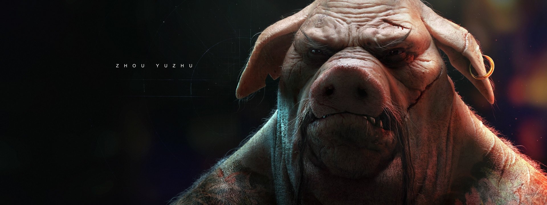 HD PC desktop wallpaper featuring a detailed, intense close-up of a humanoid pig character from the video game Beyond Good & Evil 2.