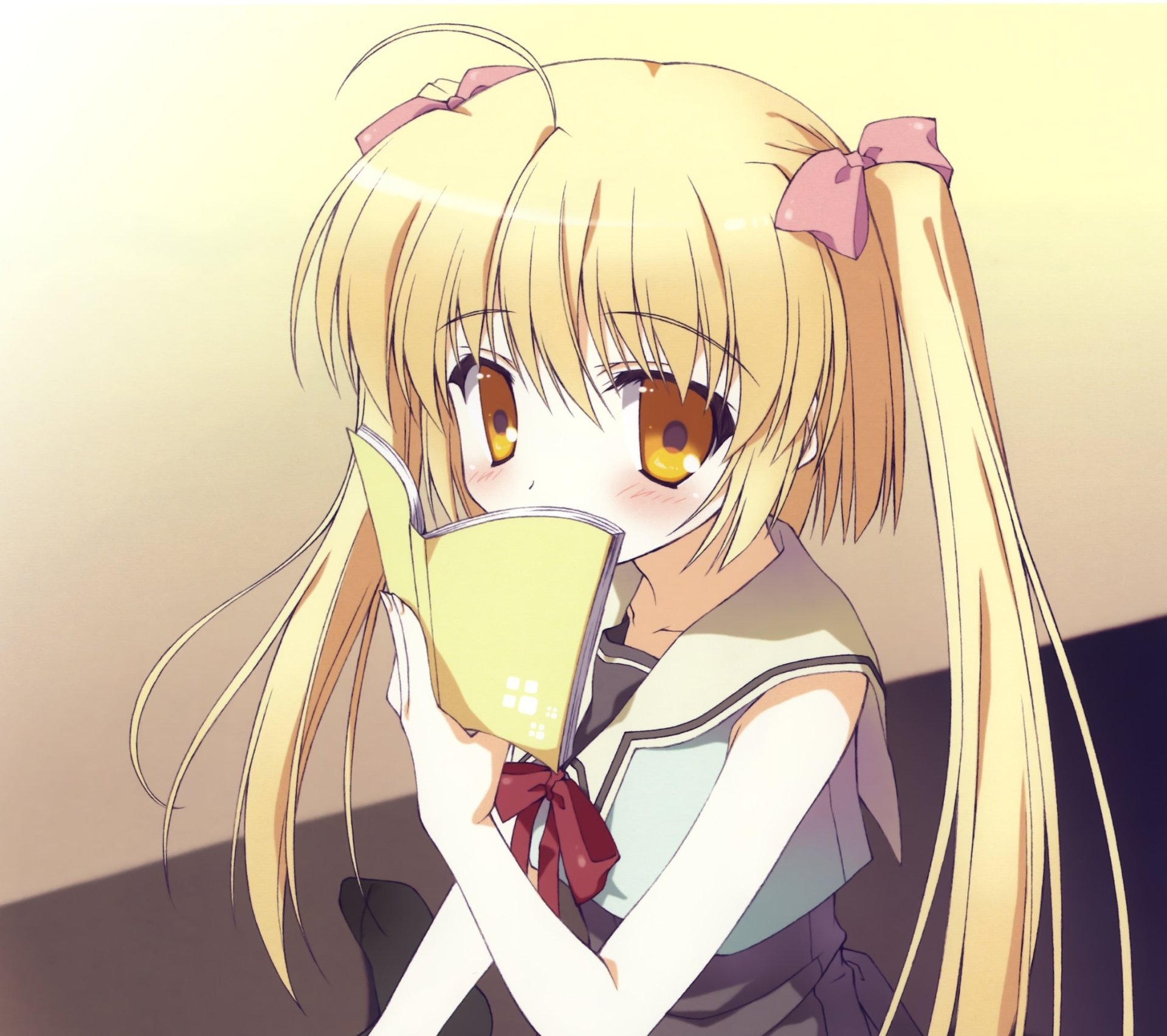 Download Long Hair Yellow Eyes Ribbon Blush Blonde Twintails Book Anime Original HD Wallpaper by Naru Nanao