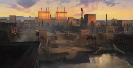 HD desktop wallpaper of Bayek of Siwa from Assassin's Creed Origins, showcasing an ancient city landscape during sunset with buildings, palm trees, and a river.