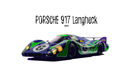 HD wallpaper featuring a sleek and colorful Porsche 917 race car, displayed against a white background with the text Porsche 917 Langheck.