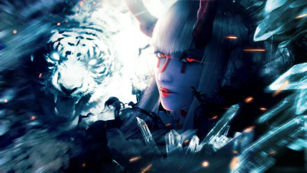 Close-up HD wallpaper of Devil Kazumi from Tekken 7, featuring glowing red eyes, horns, and a fierce white tiger in a dark, supernatural setting.