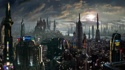 Futuristic sci-fi cityscape with towering skyscrapers under a dramatic sky, showcasing an advanced urban skyline in a high-definition digital artwork.