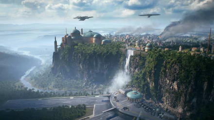 HD wallpaper featuring an aerial view of Naboo from Star Wars Battlefront II (2017), with majestic cliffs, lush greenery, and futuristic spacecraft soaring above intricate architecture.
